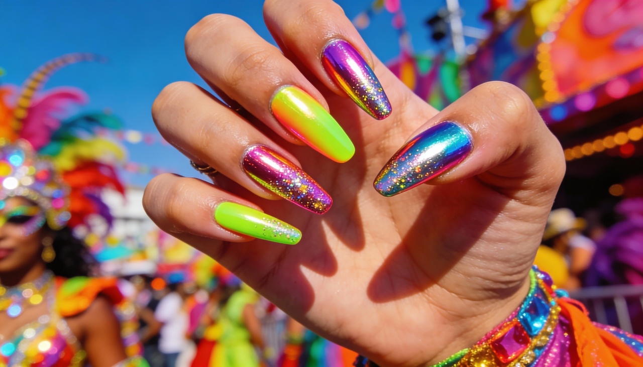 Em 2026, as tendências de nail art para o Carnaval priorizam cores vibrantes, texturas diferenciadas e acabamentos que refletem a luz