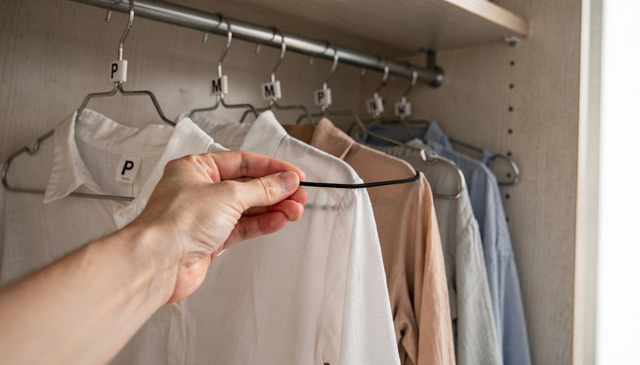 Para começar, você deve selecionar os cabides que deseja agrupar para otimizar o espaço vertical do seu guarda-roupa de forma eficiente