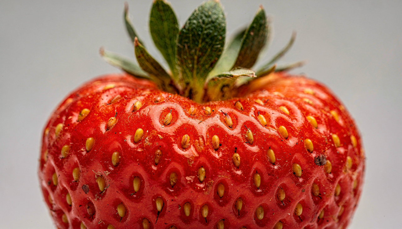 O morango representa um caso curioso de engano visual, pois os verdadeiros frutos são aqueles pequenos pontos secos espalhados pela superfície externa