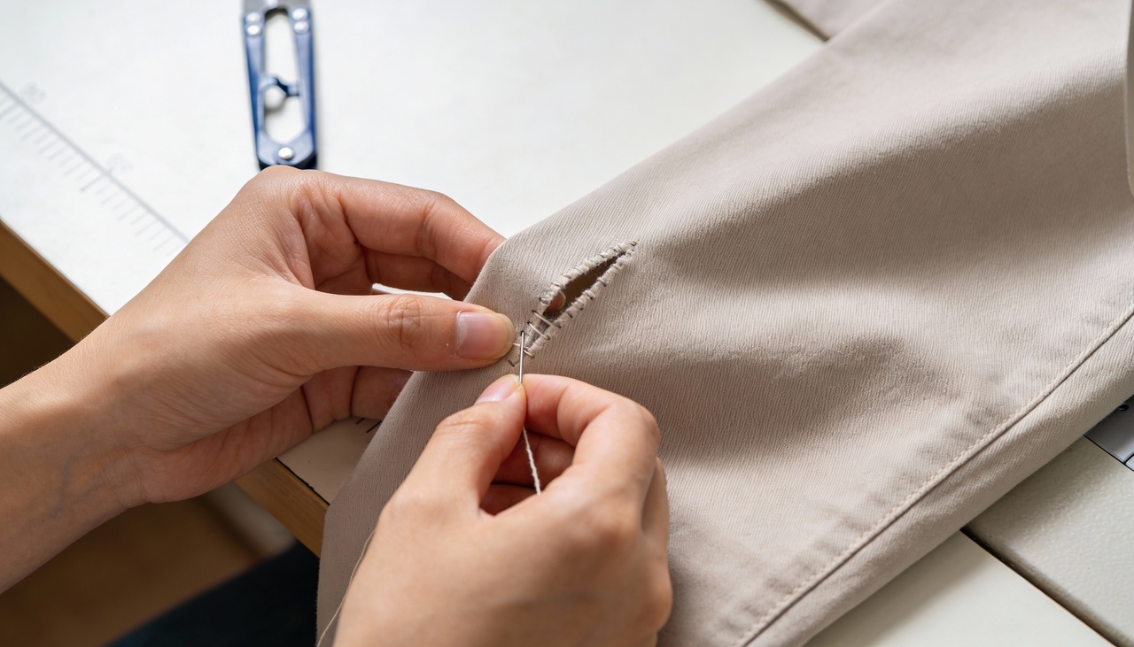 O ponto invisível para roupas atua criando uma união entre os tecidos que fica totalmente escondida na dobra interna da fibra