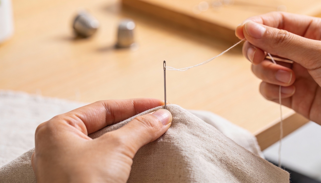 Muitas pessoas perdem minutos preciosos tentando acertar o orifício metálico minúsculo enquanto a linha desfia constantemente nas pontas dos dedos