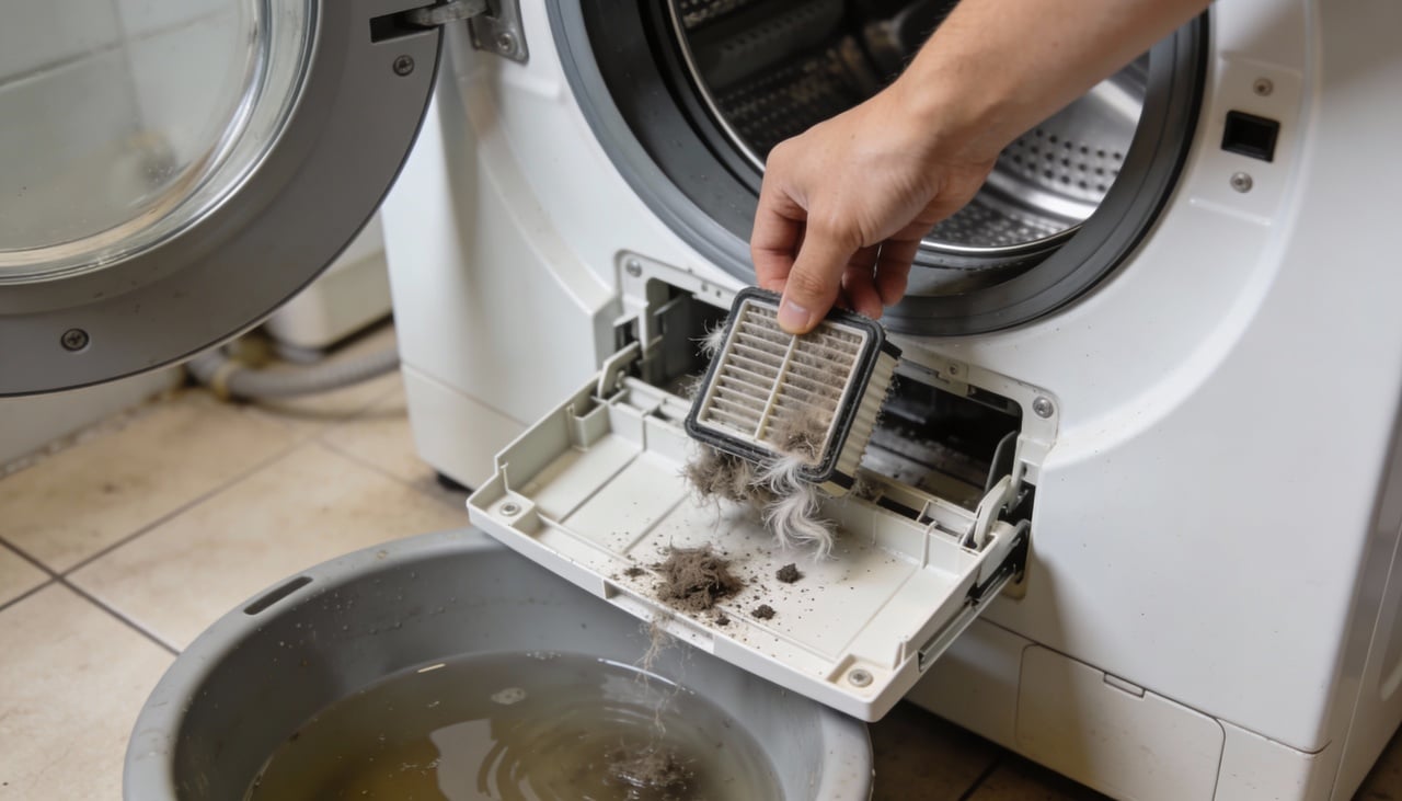 A maioria das lavadoras modernas esconde um filtro de resíduos atrás de uma pequena tampa localizada na parte frontal inferior do aparelho