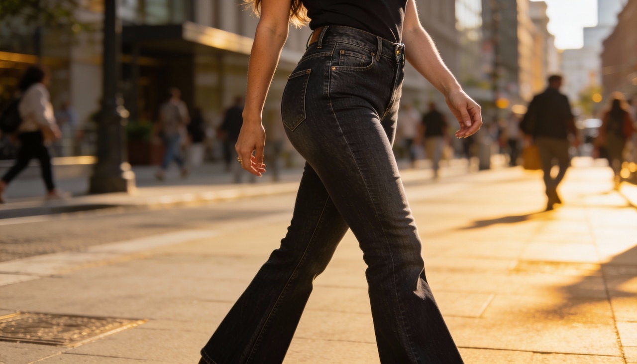 O corte reto ou bootcut cria uma linha vertical que alonga as pernas e distribui o volume de forma proporcional