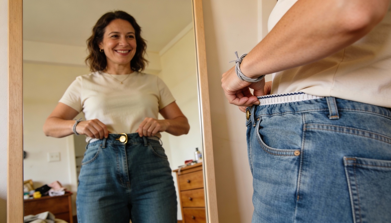 O processo envolve passar um elástico de cabelo simples pelo botão da peça e prendê-lo na casa correspondente antes de fechar o zíper