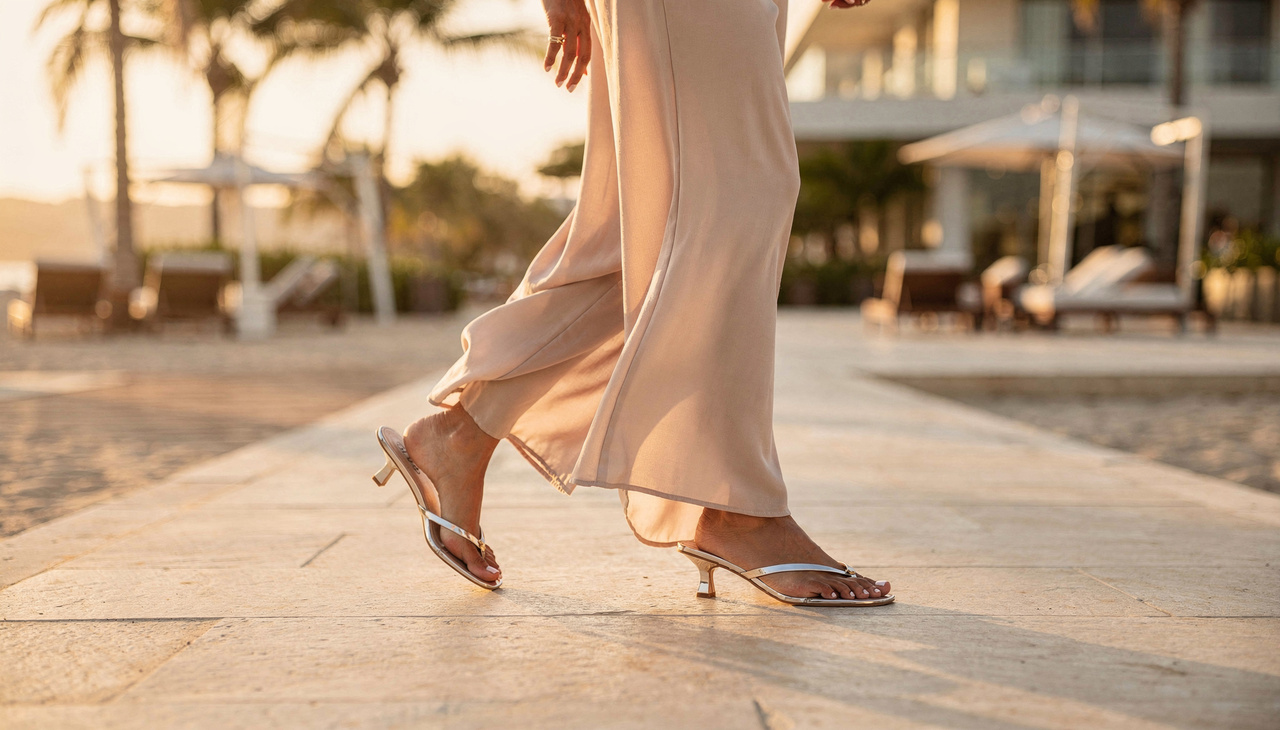 Nas produções de verão, a sandália de salto costuma ser combinada a peças leves, cores claras e tecidos respiráveis