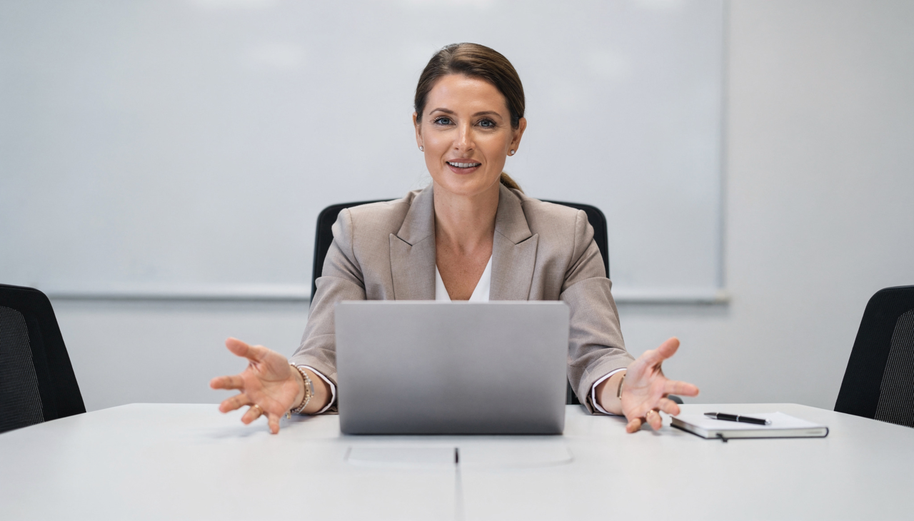 o posicionamento estratégico das mãos elimina a necessidade de gesticular freneticamente durante uma apresentação importante