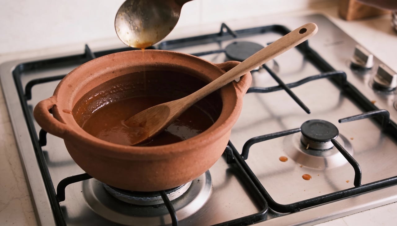 A posição inclinada da colher dentro do furo no cabo da panela garante que qualquer gota de comida retorne para dentro do preparo