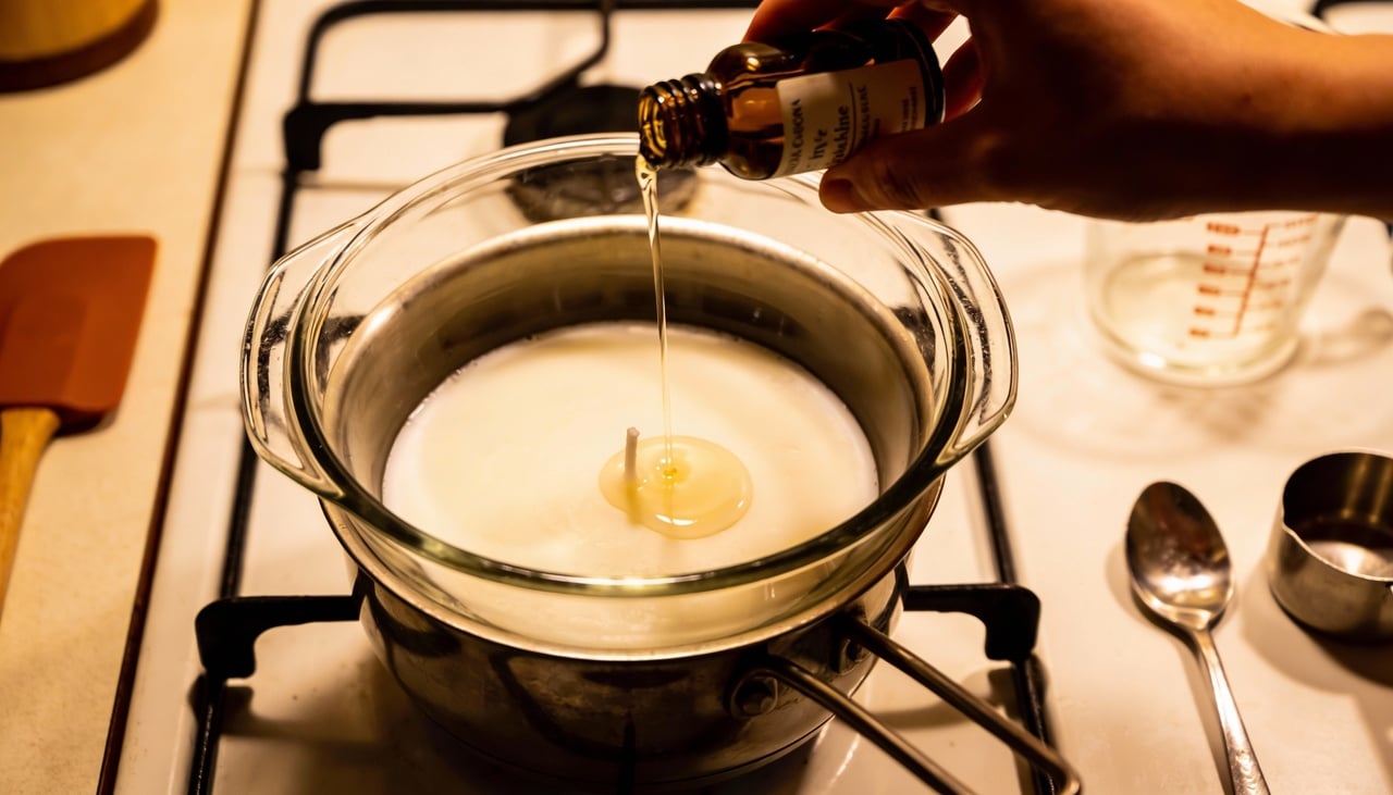 O processo começa com a escolha da base, onde você pode optar por cera de coco nova ou derreter restos de velas antigas