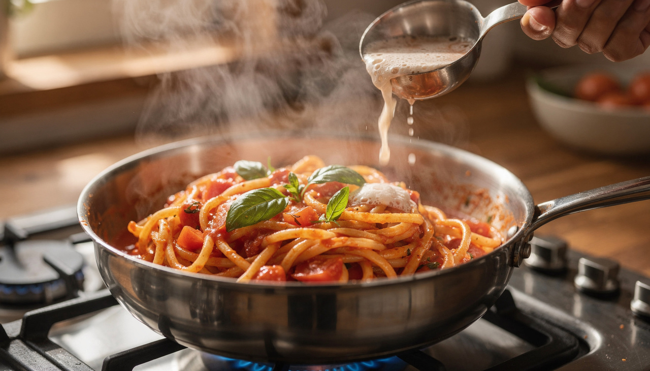 Quando você finaliza a massa no molho, ela absorve todos os temperos de verdade, em vez de só ficar coberta por cima