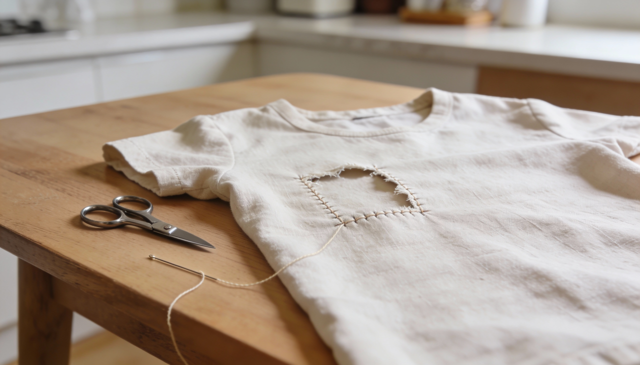 Para iniciar o trabalho, você precisa apenas de uma agulha fina e uma linha da mesma cor exata da peça que está sendo reparada