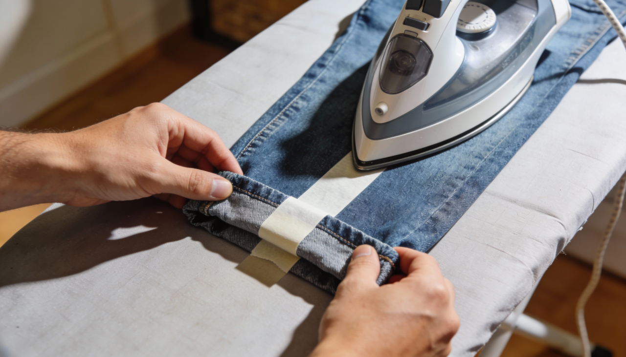 A aplicação começa com a medição correta da barra e o corte da fita no tamanho exato da circunferência da perna da calça