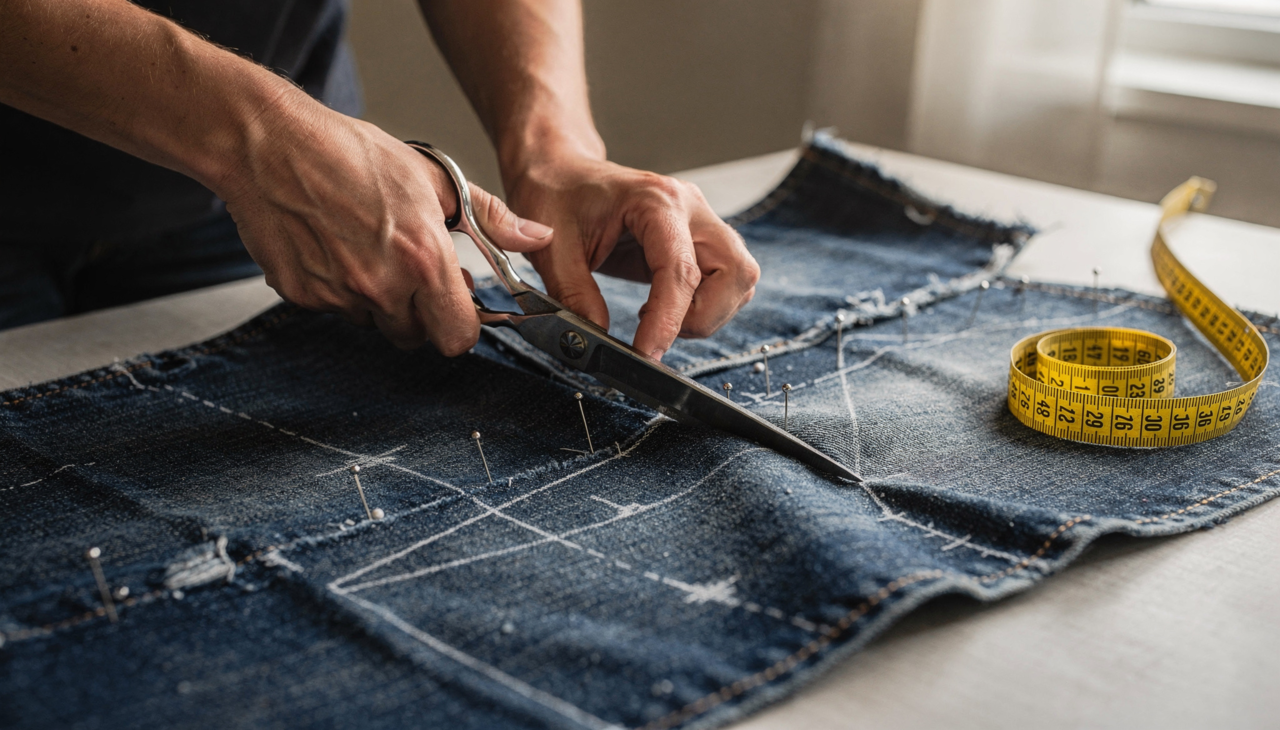 Você deve primeiro cortar as pernas da calça logo abaixo da área do cavalo para formar a base principal da sua nova bolsa de mão