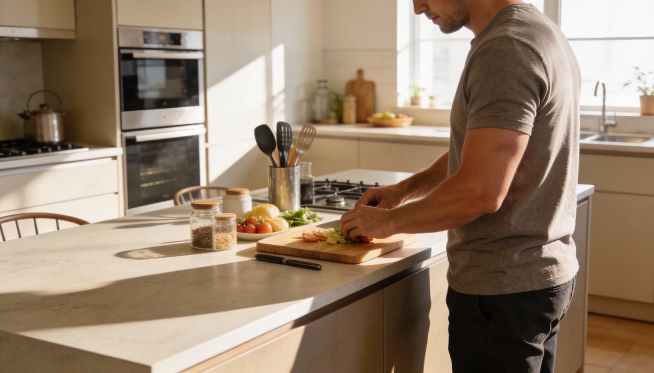A altura ideal da bancada da cozinha é aquela que permite trabalhar com a coluna ereta, ombros relaxados e braços em posição confortável