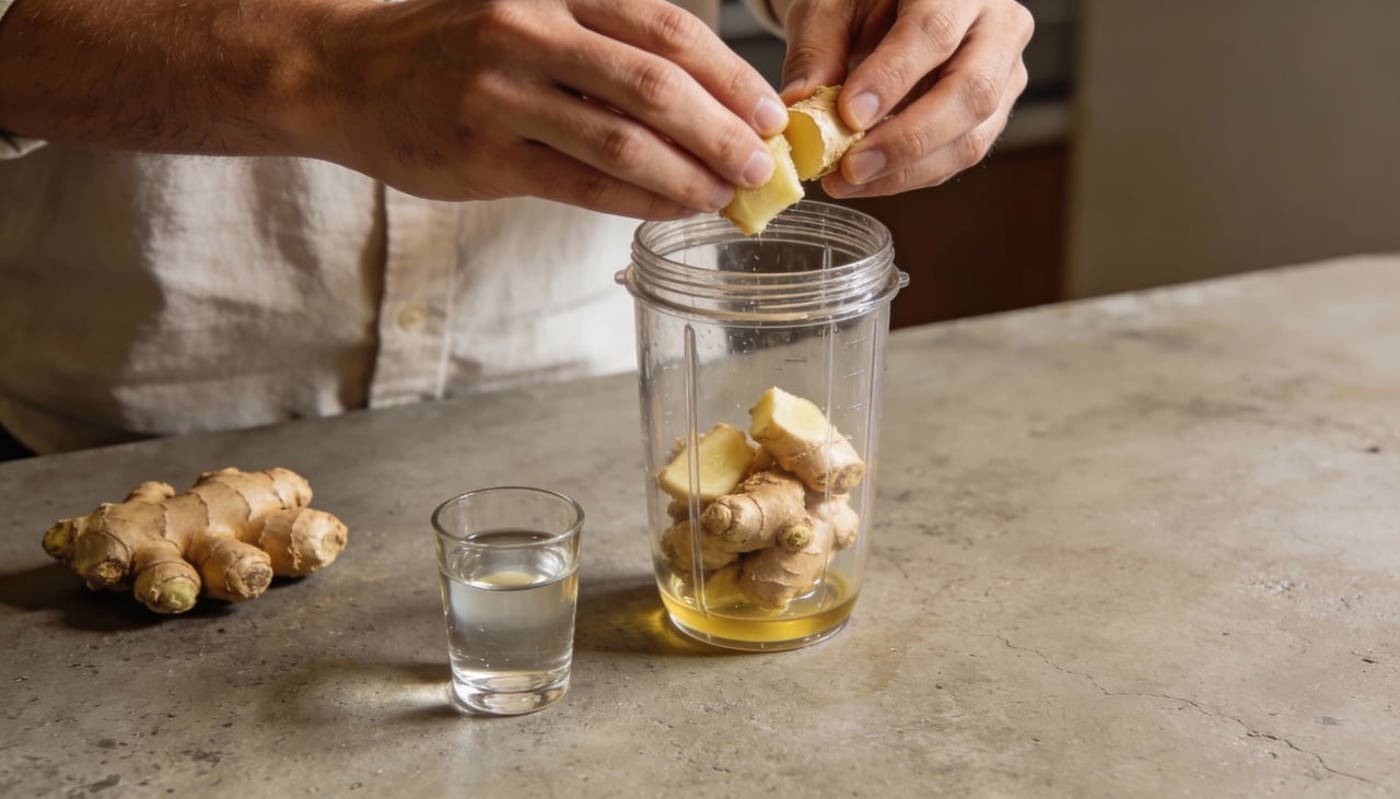 O shot de gengibre é uma bebida de pequeno volume, entre 30 ml e 60 ml, feita com alta concentração de gengibre fresco