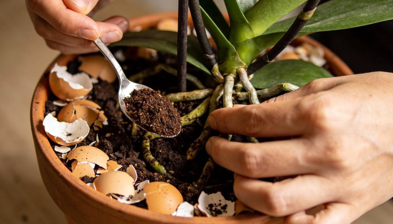 O preparo deste fertilizante exige apenas cascas de ovos secas e borra de café usada, pois esses itens fornecem cálcio e nitrogênio