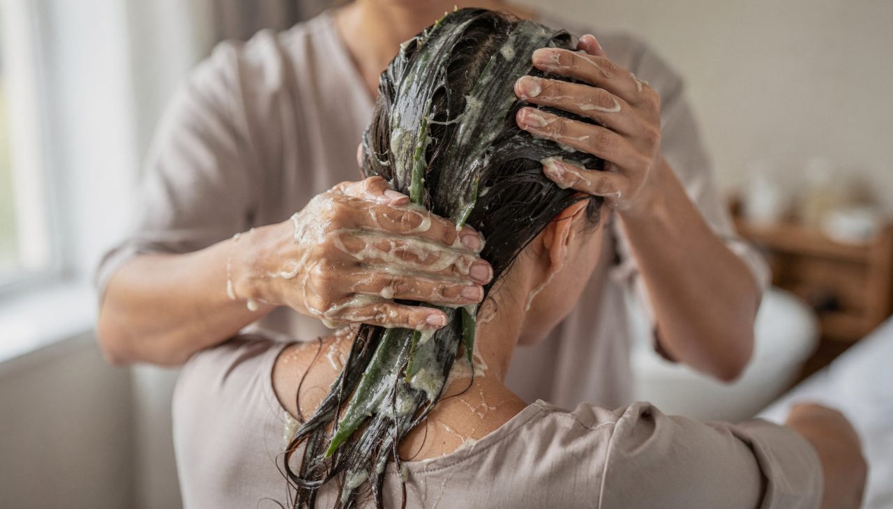 A babosa é rica em vitaminas A, C e E, enzimas que ajudam a reparar células mortas no couro cabeludo e componentes de possível ação calmante