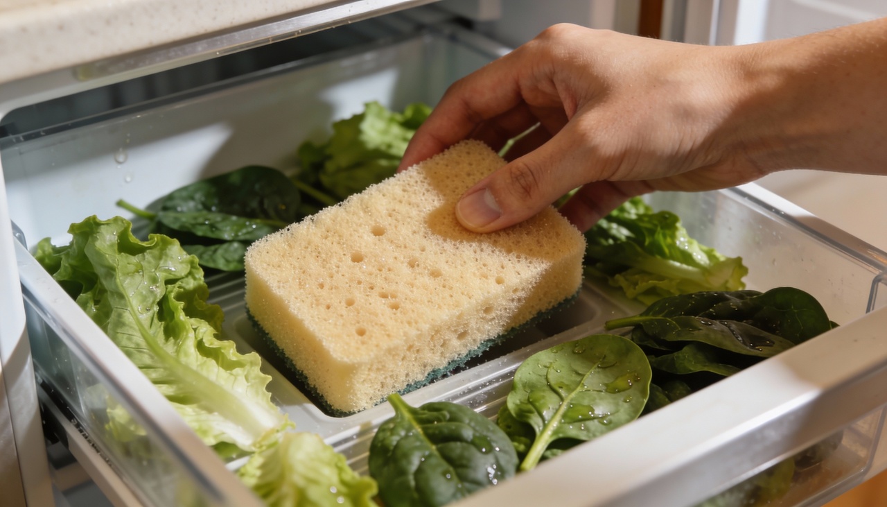 A esponja de cozinha seca atua como um desumidificador eficiente no compartimento de legumes