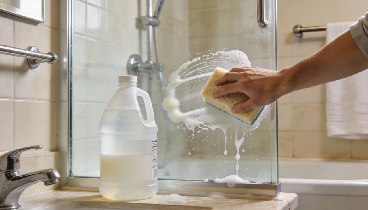 O processo começa com a combinação de vinagre branco e detergente neutro em uma esponja macia para evitar riscos indesejados na superfície