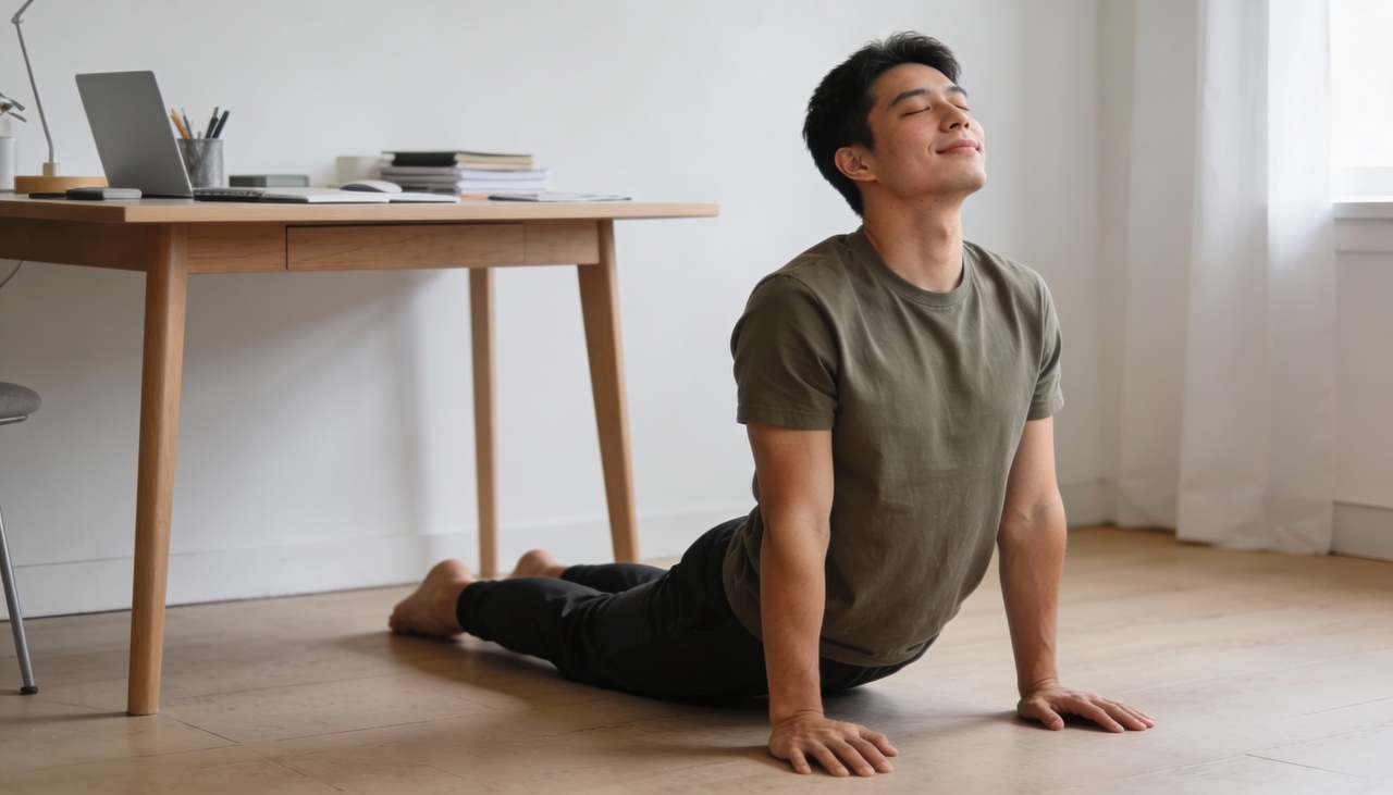 O primeiro alongamento é a torção sentada que descomprime toda a coluna vertebral e restaura a mobilidade entre as vértebras travadas