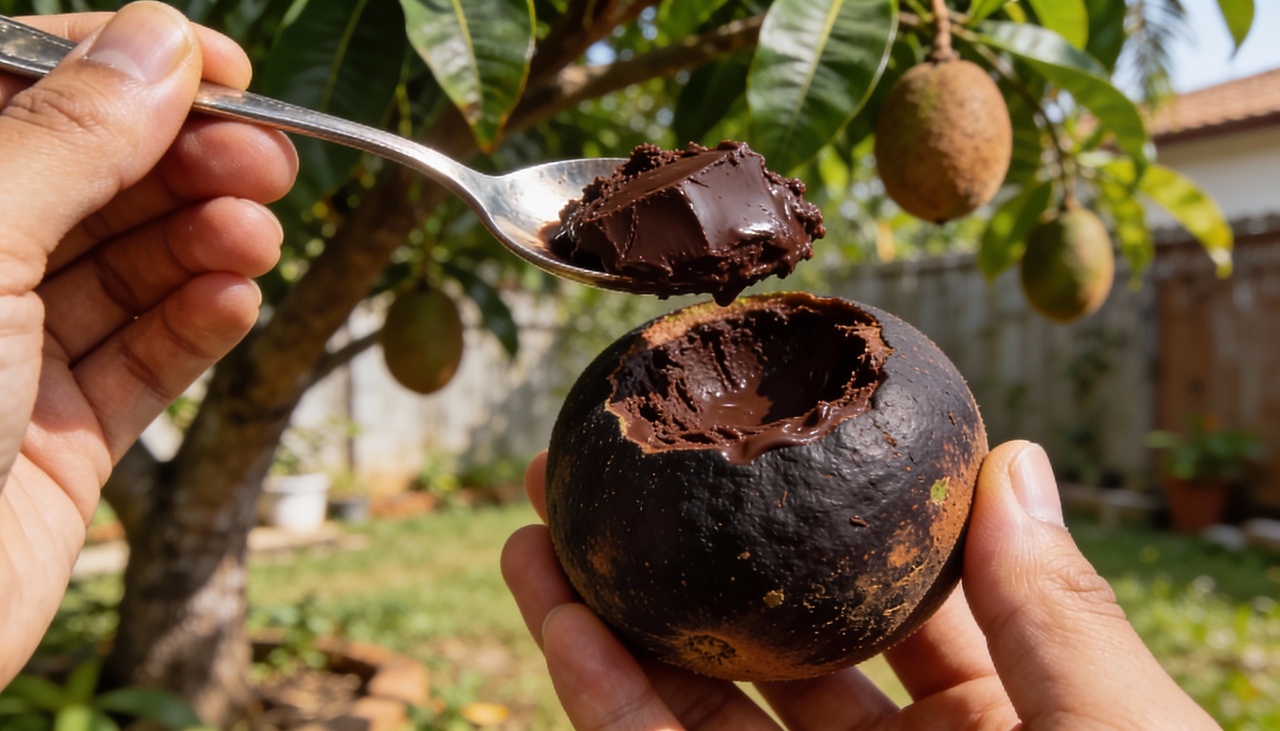 Para entender a fruta parecida com chocolate, precisamos observar a sua estrutura interna pastosa e de tom marrom profundo