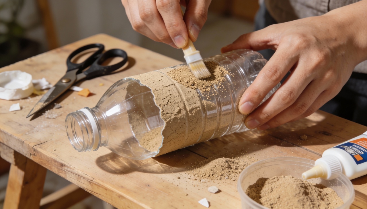 Você inicia o processo cortando a garrafa no tamanho desejado para estabelecer a base da sua nova peça decorativa