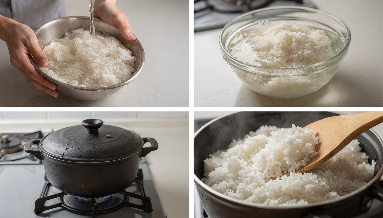 O segredo começa lavando o arroz em água corrente até a água sair transparente, removendo excesso de amido que causa empapamento