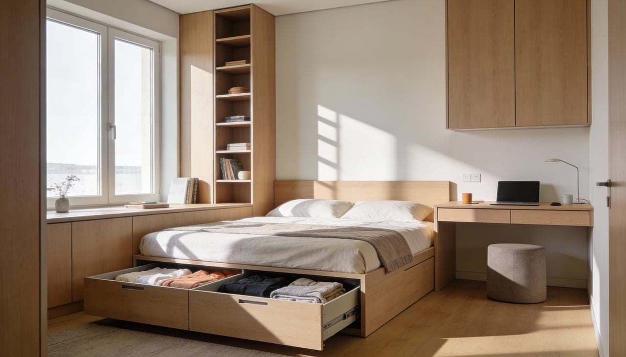 A expressão móveis multifuncionais se refere a peças que desempenham mais de um papel no ambiente, como sofás-cama, camas com gavetas ou mesas dobráveis