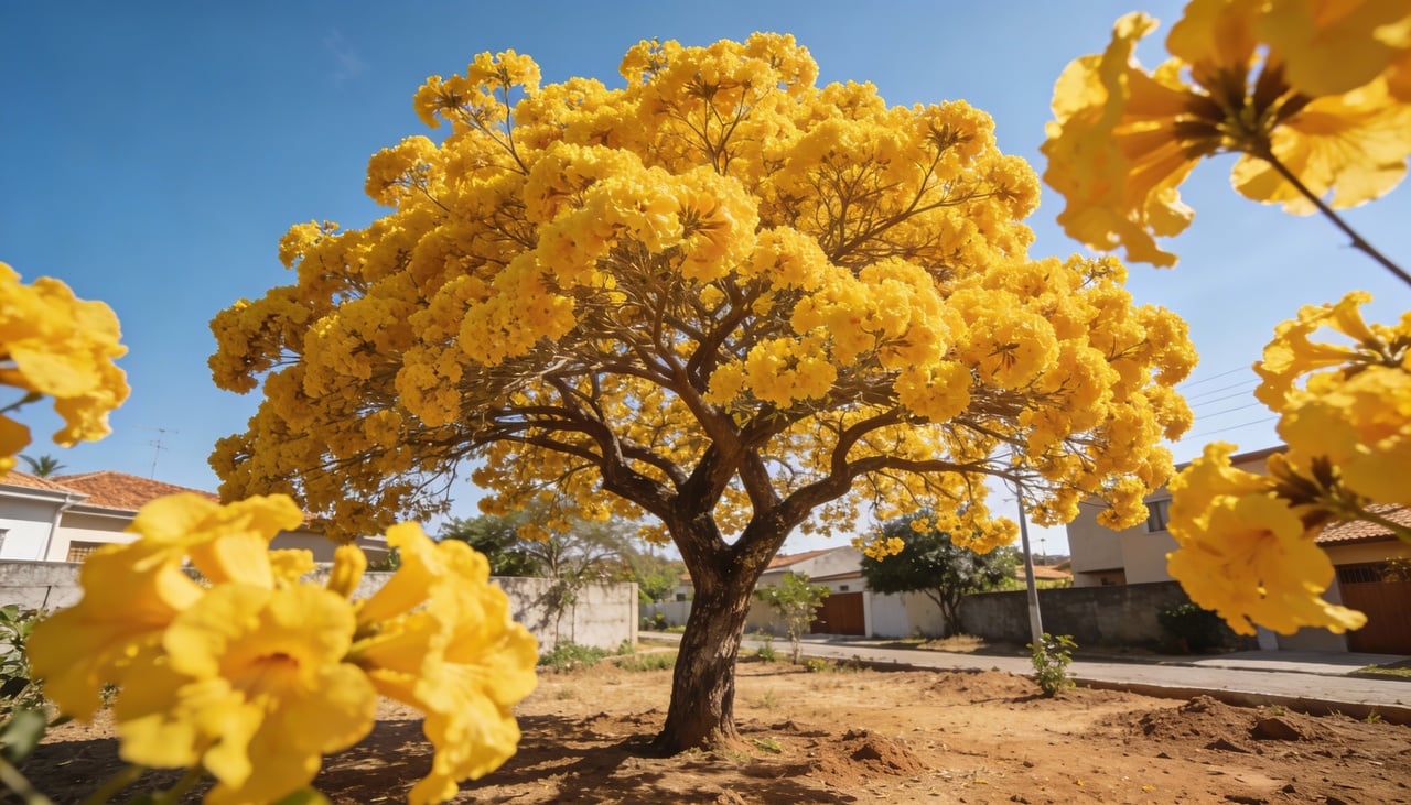 O ipê-amarelo se destaca como uma das árvores mais emblemáticas do Brasil, oferecendo floração espetacular que transforma completamente a paisagem