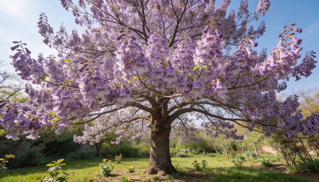 Na primavera, antes mesmo das folhas brotarem, a árvore se transforma num espetáculo visual com suas flores perfumadas em tons de lavanda e rosa