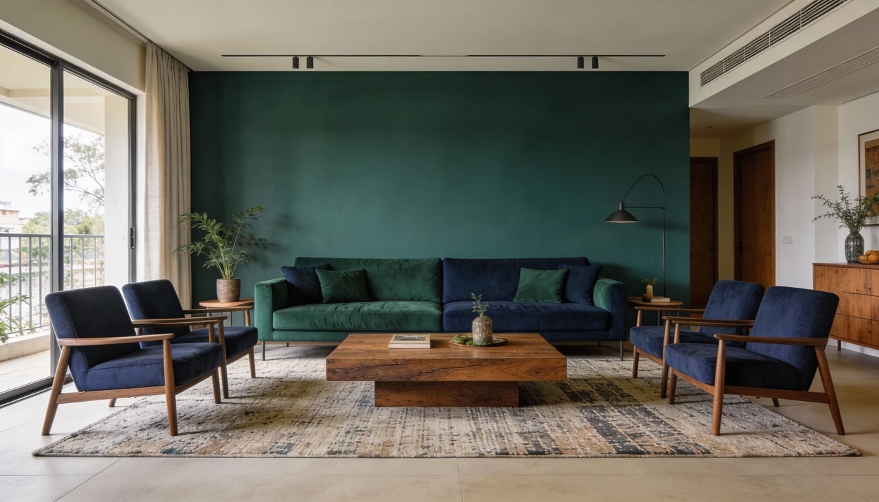 Uma das marcas fortes da decoração de sala de estar moderna para 2026 é o uso ousado de cores profundas, como azuis intensos, verdes marcantes e vermelhos queimados