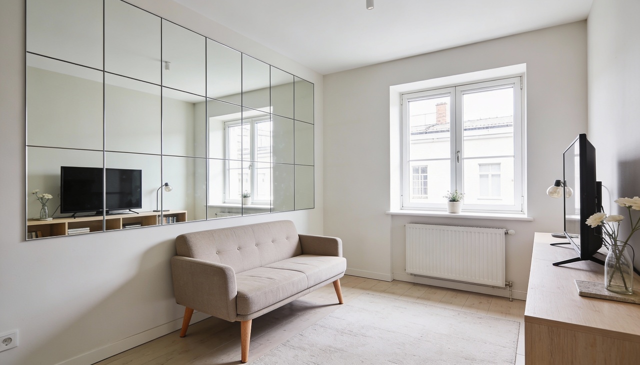 o posicionamento de um espelho grande em frente a uma janela maximiza a entrada de claridade natural no recinto