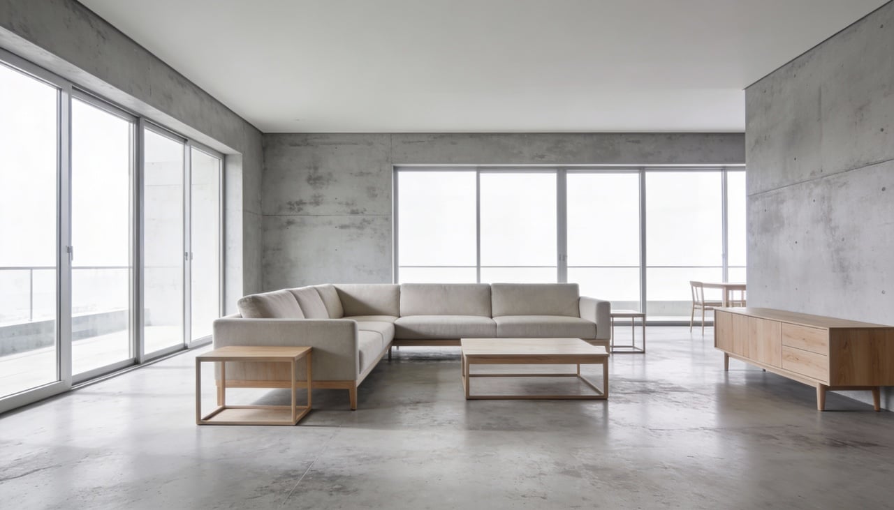 O cimento queimado cria superfícies monolíticas que eliminam o excesso de rejuntes e proporcionam uma sensação de amplitude incomparável em qualquer cômodo