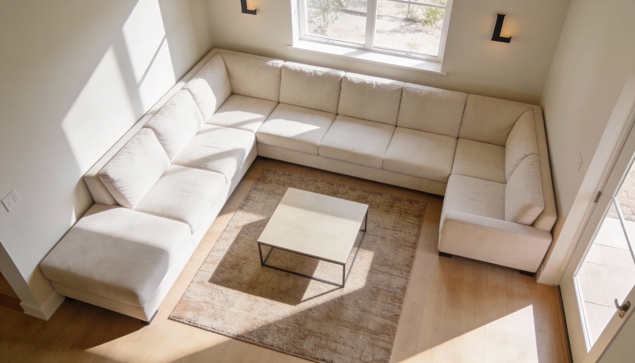 Encostar o móvel nas paredes principais libera o centro do cômodo, proporcionando uma sensação de amplitude e leveza visual imediata para quem entra