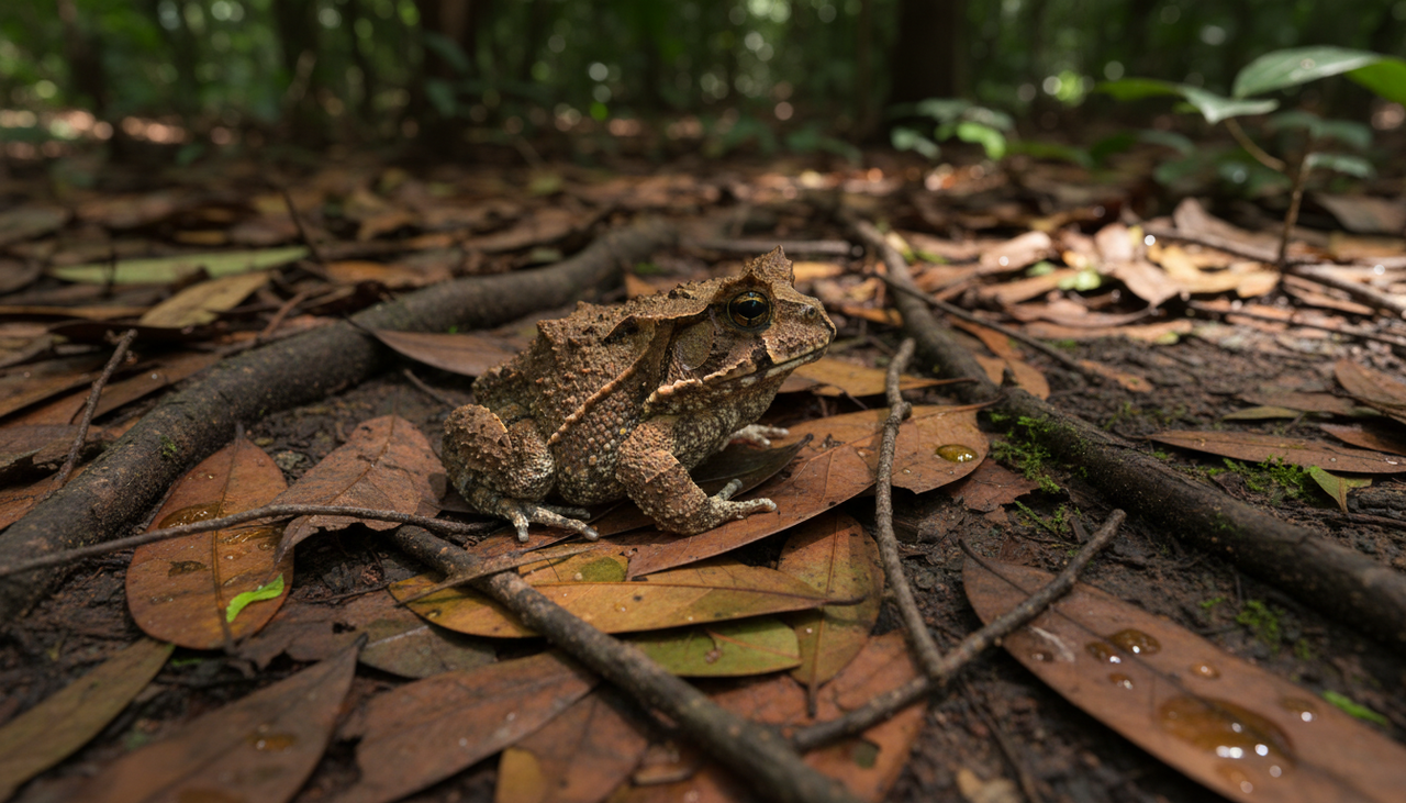 O processo de mimetismo permite que diversos insetos e anfíbios repliquem as cores e texturas exatas do ambiente ao seu redor
