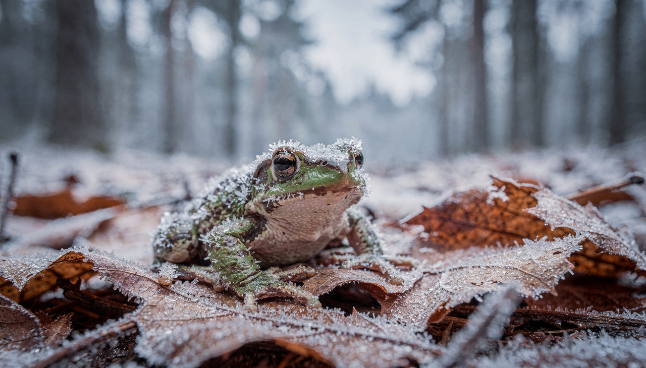 O processo de congelamento começa quando o gelo toca a pele do anfíbio nas florestas frias
