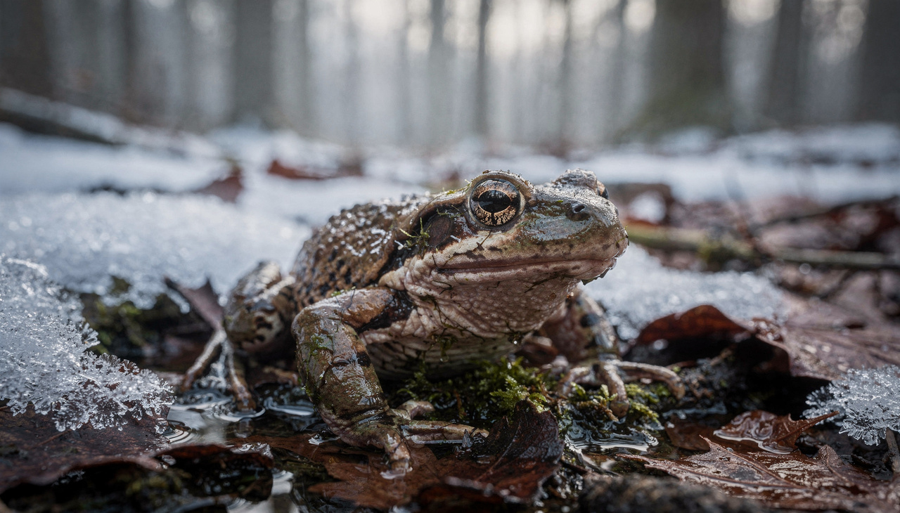 O processo de congelamento começa quando o gelo toca a pele do anfíbio nas florestas frias