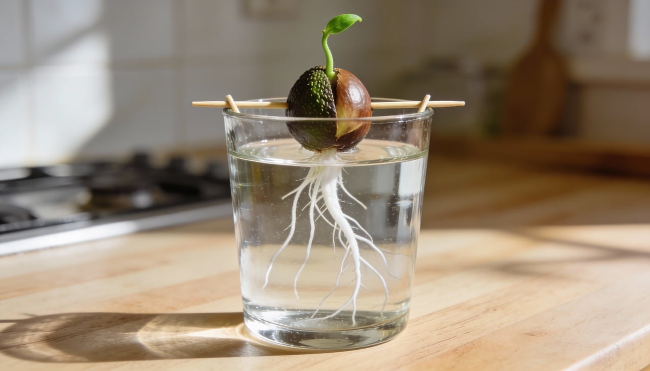 O método mais popular e divertido para fazer germinar semente de abacate é através da técnica de suspensão em água