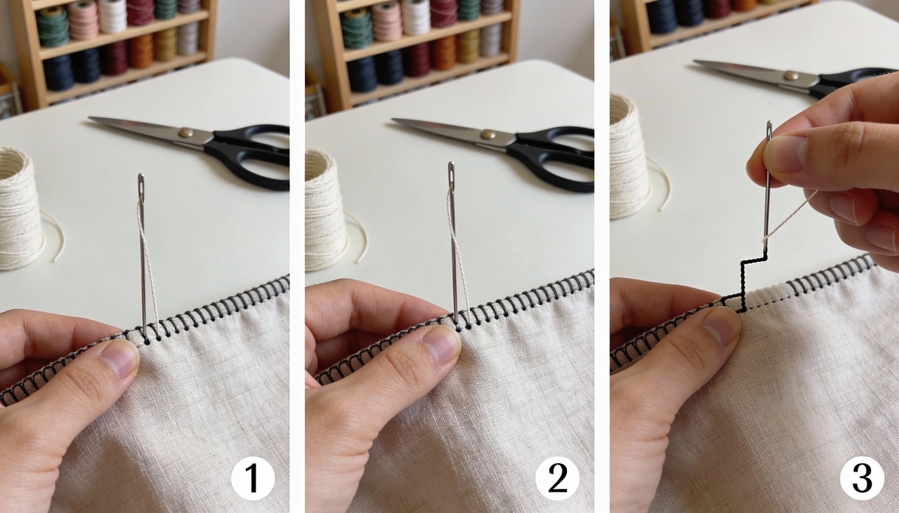 Para iniciar essa técnica, o costureiro deve inserir a agulha por dentro da dobra do tecido, escondendo o nó inicial completamente para evitar qualquer relevo