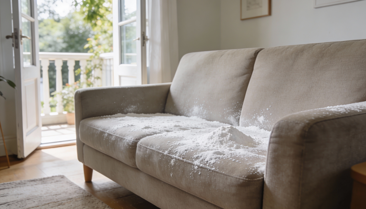 O processo começa com a distribuição generosa do pó sobre toda a superfície que apresenta o odor característico de guardado