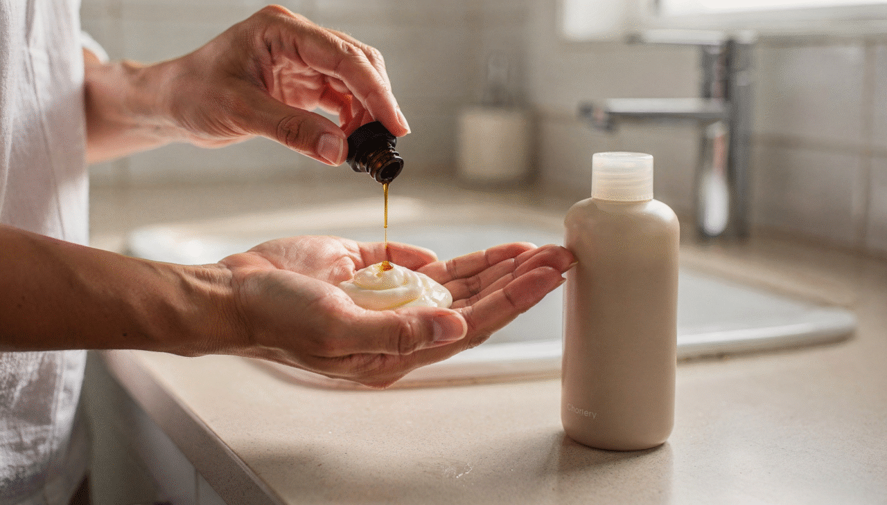 Óleo de alecrim aplicado de forma controlada como apoio ao ciclo natural do cabelo.