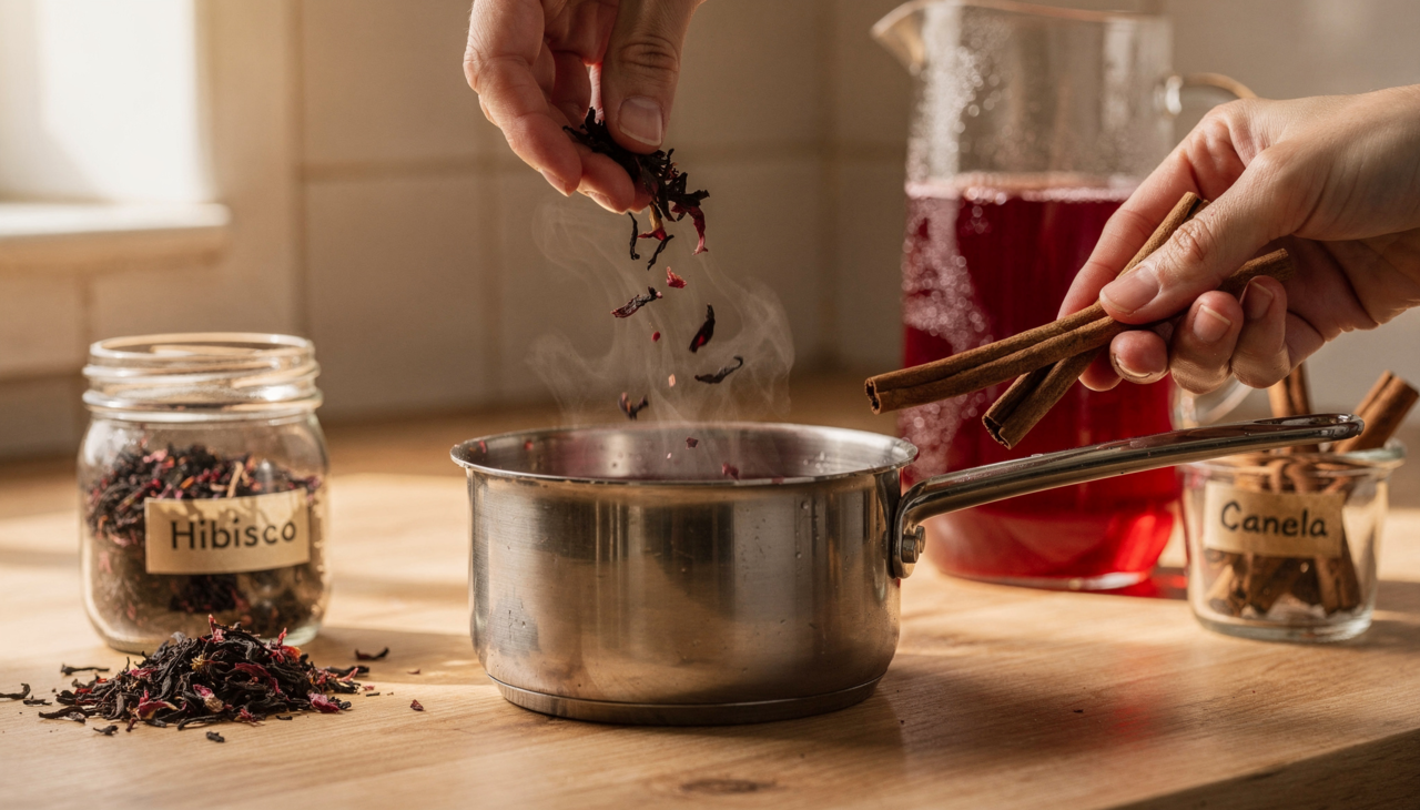 O chá de hibisco é preparado a partir das flores secas de Hibiscus sabdariffa