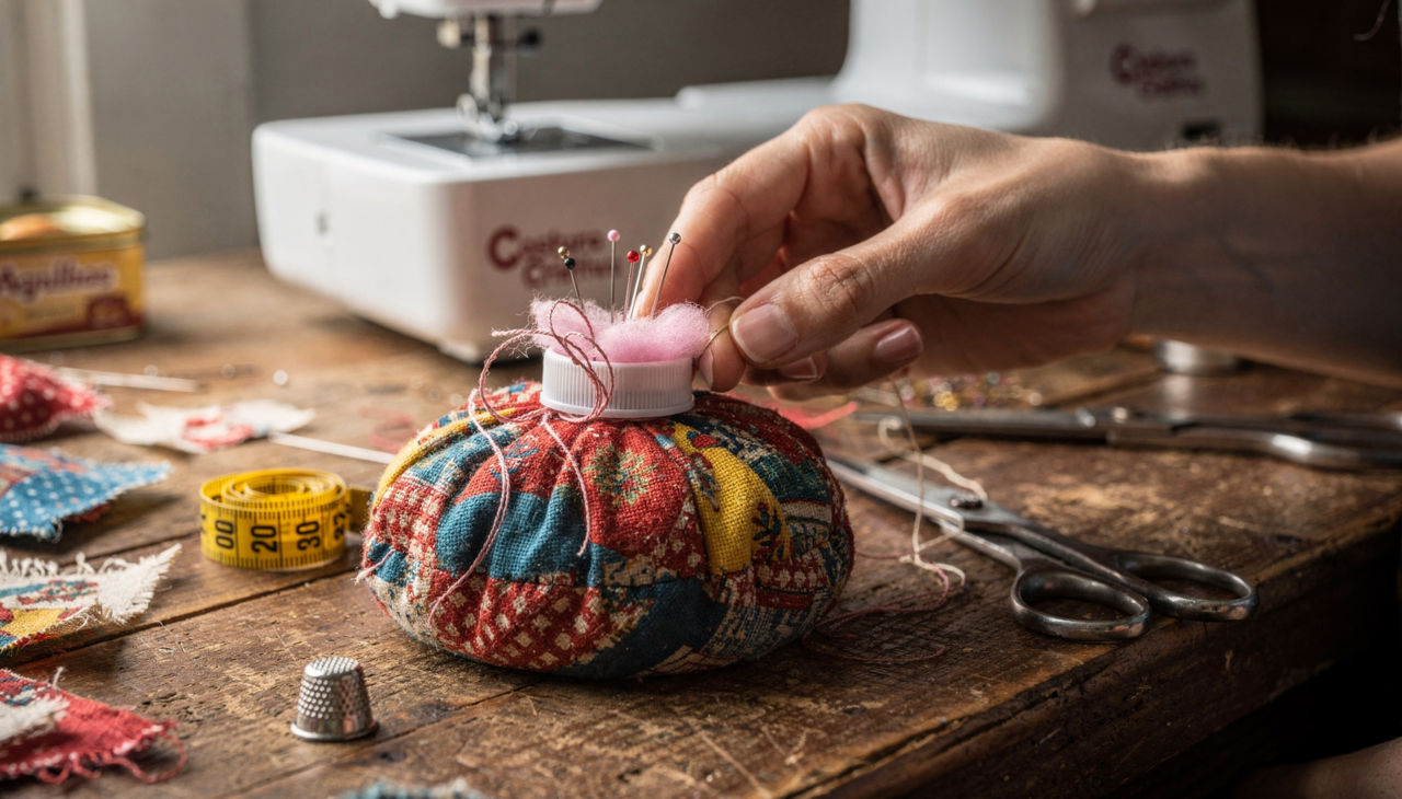 Para iniciar a produção, o artesão deve higienizar a tampa e recortar um círculo de tecido com aproximadamente dez centímetros de diâmetro