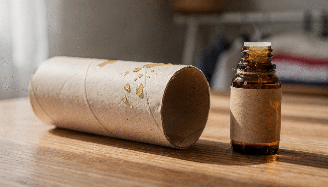 Pegue tubo vazio de papel higiênico e passe 5 a 8 gotas de óleo essencial ou essência aromática no lado interno do papelão