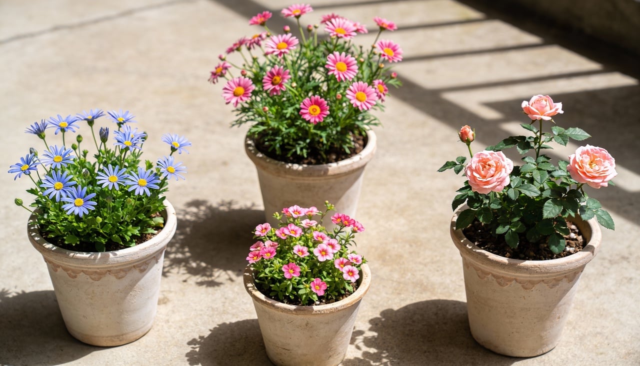 Mesmo com metragem limitada, é possível criar um jardim visualmente interessante através do arranjo estratégico de vasos em diferentes alturas
