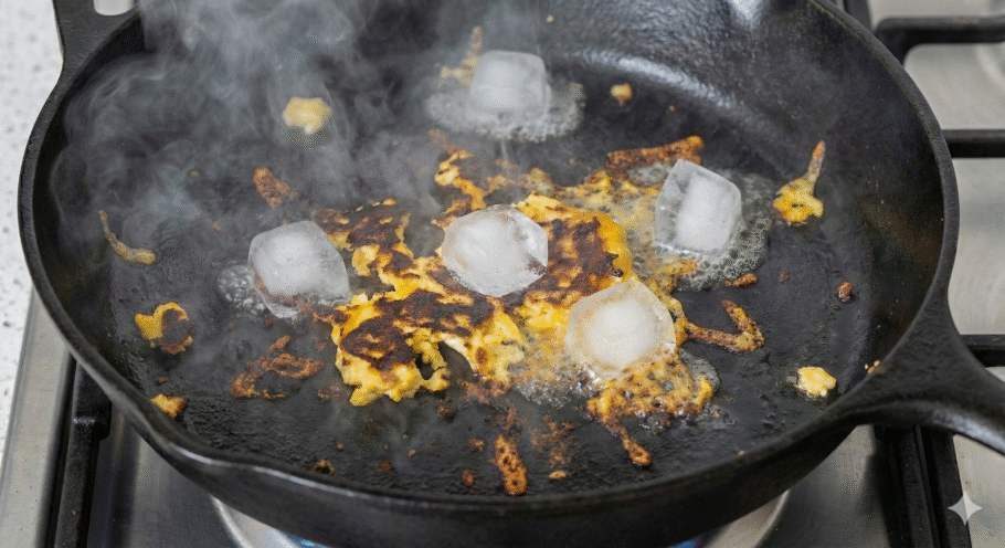 O choque térmico do gelo na frigideira quente que ajuda a desprender sujeiras difíceis