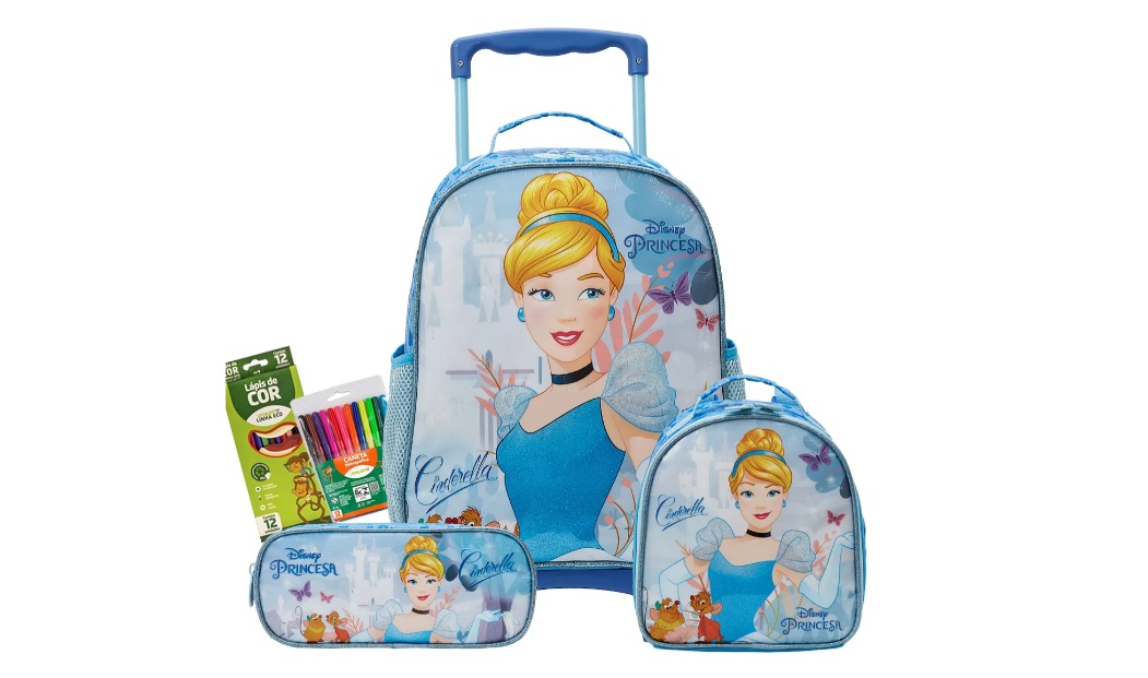 O kit com mochila, estojo e lancheira térmica com 12 canetinhas e 12 lápis de cor de brindes custa R$249,90