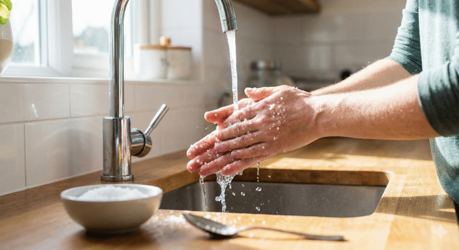 Lavar as mãos com sal está associado com limpeza energética e liberação de cargas negativas acumuladas ao longo do dia