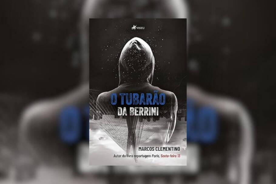 Capa do livro "O Tubarão da Berrini", com foto em preto e branco de um homem com capuz virado de costas