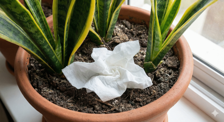 O papel higiênico ajuda a sinalizar a umidade do solo da espada-de-São-Jorge