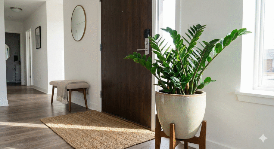 O ideal é posicionar a zamioculca próxima à porta principal, mas sem bloquear a passagem